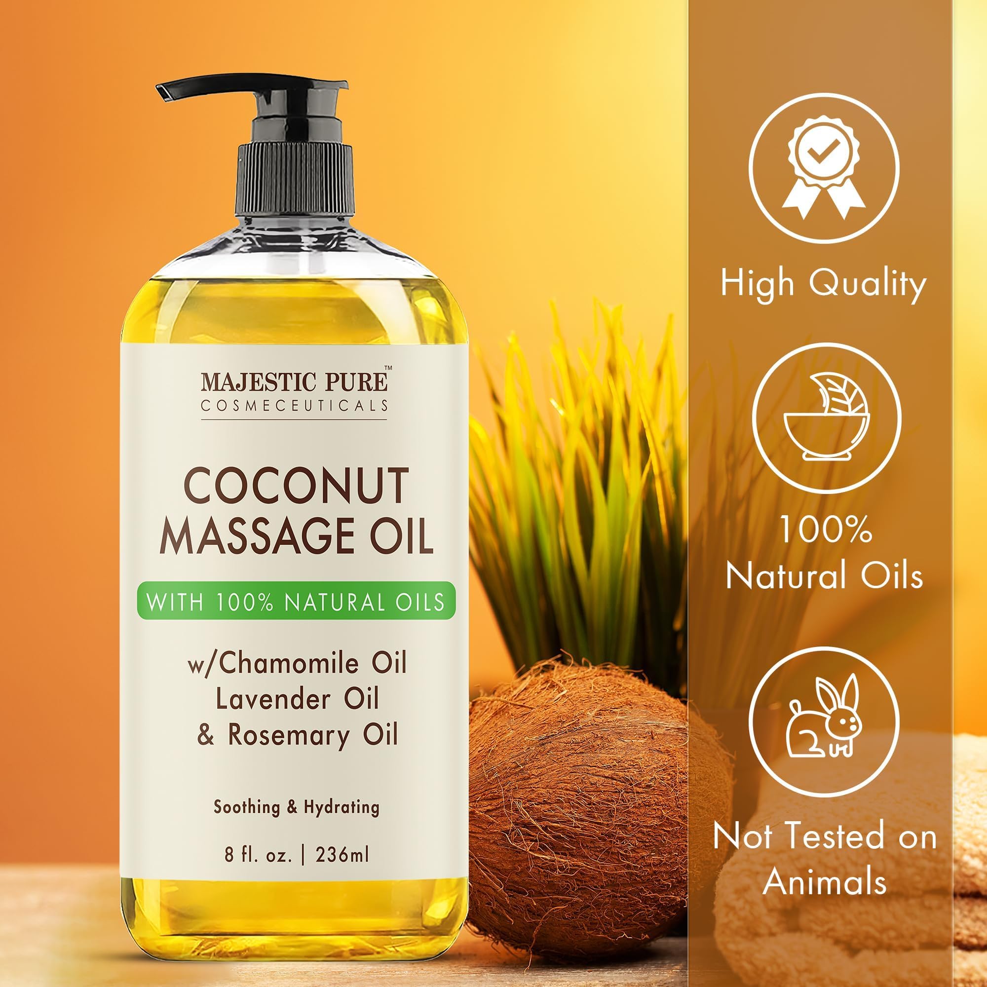 Majestic Pure coconut massage oil warms for improved circulation and calm