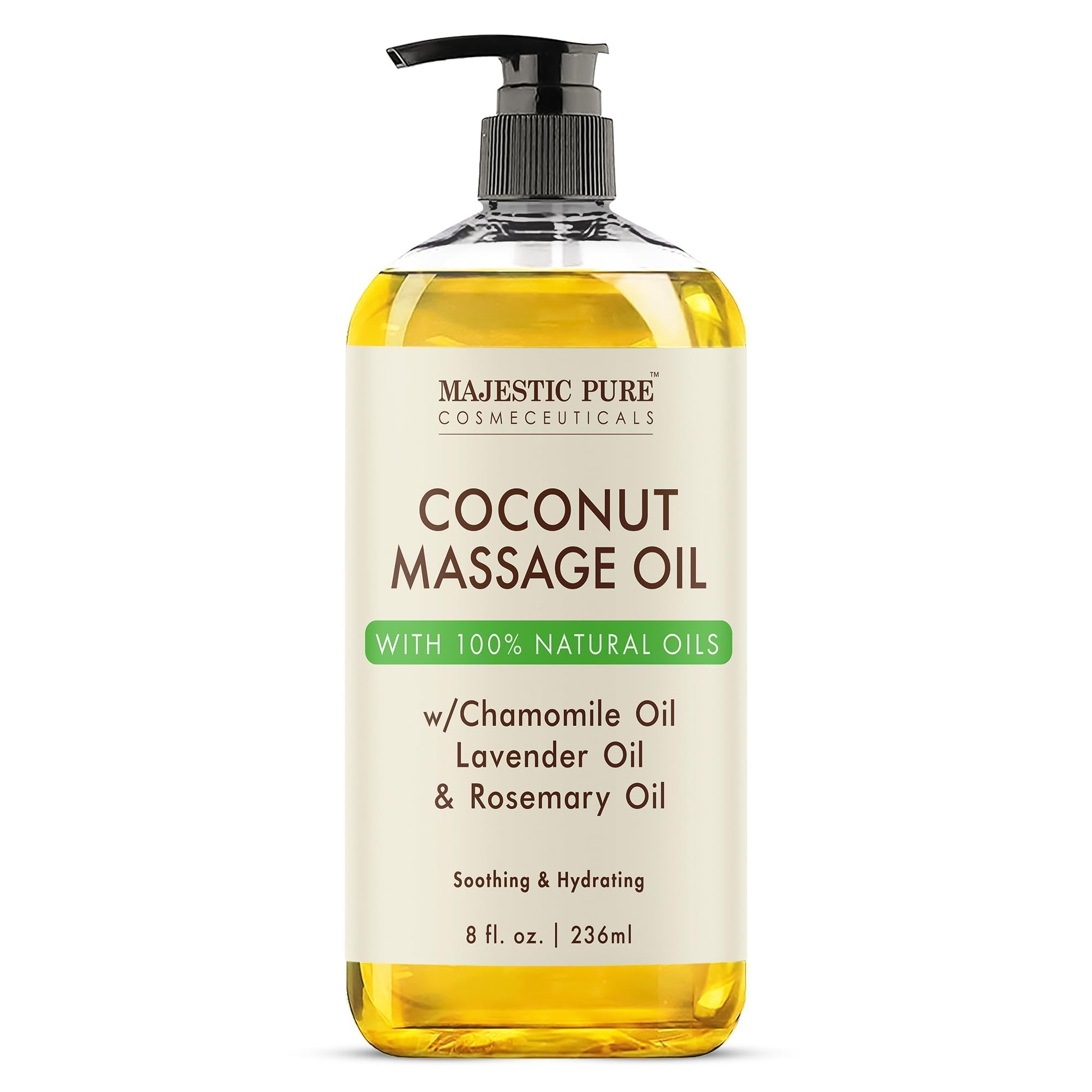 Majestic Pure Coconut Massage Oil bottle pour for relaxing massage and moisturized skin