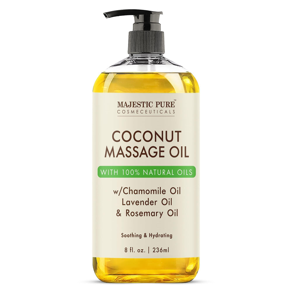 Majestic Pure Coconut Massage Oil bottle pour for relaxing massage and moisturized skin