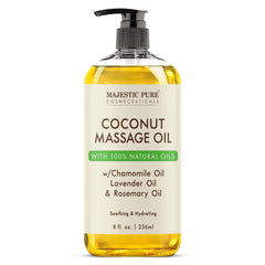 Majestic Pure Coconut Massage Oil bottle pour for relaxing massage and moisturized skin