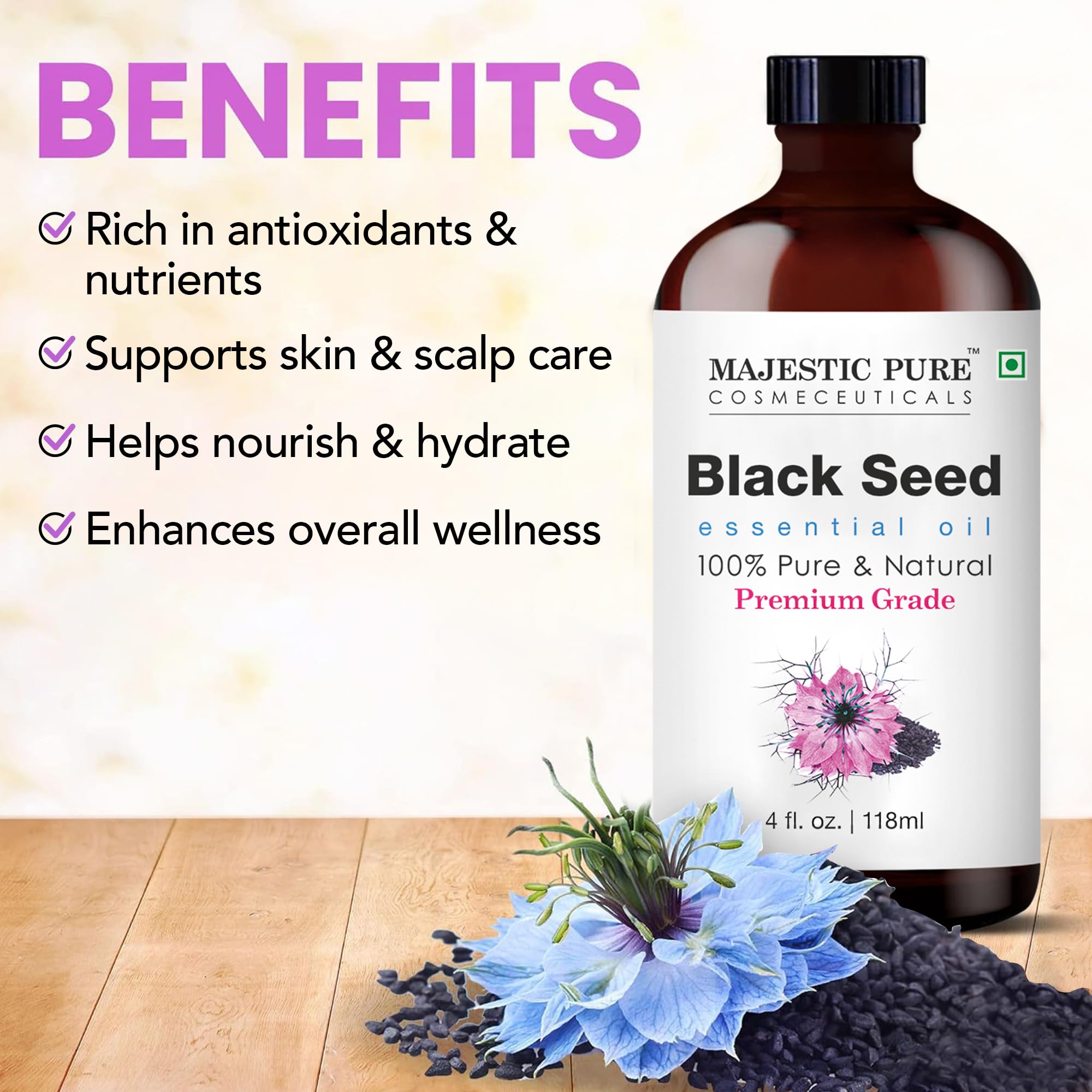 Majestic Pure Blackseed Oil enhances diffuser aromatherapy sessions.