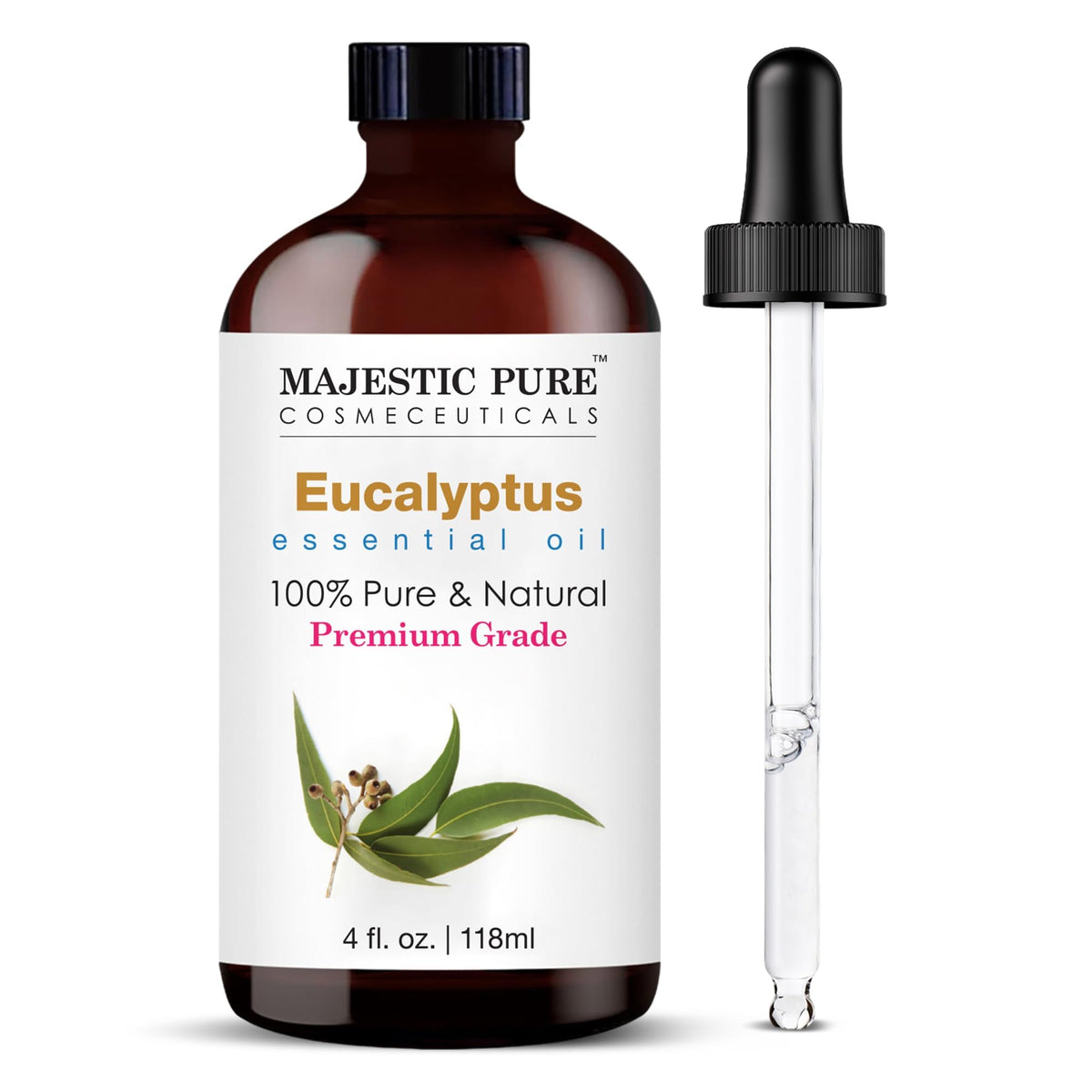 Majestic Pure Eucalyptus Oil in amber bottle for diffusers and refreshment.