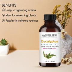 Close-up of majestic pure eucalyptus oil in glass bottle