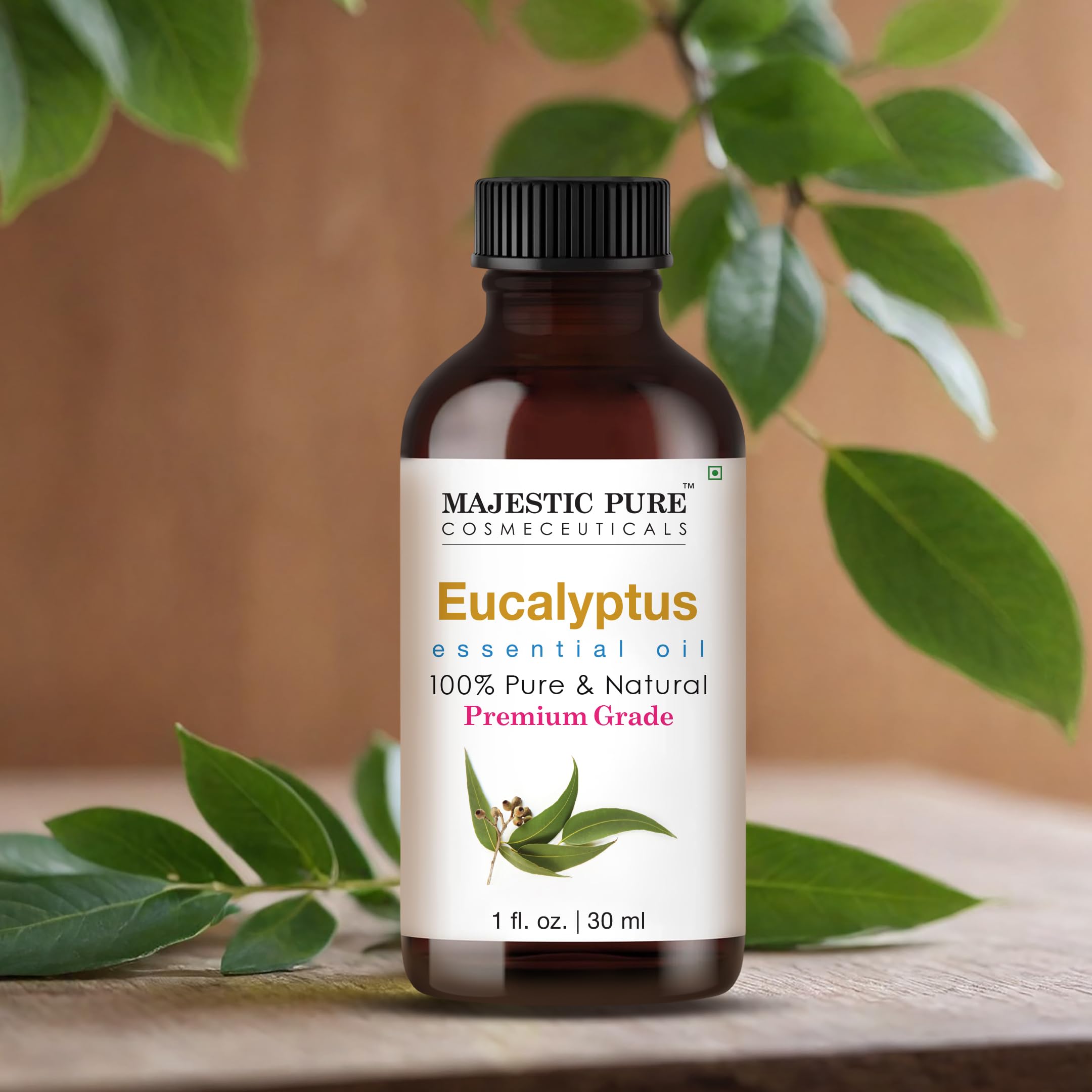 Lab-tested Majestic Pure eucalyptus oil label assuring purity
