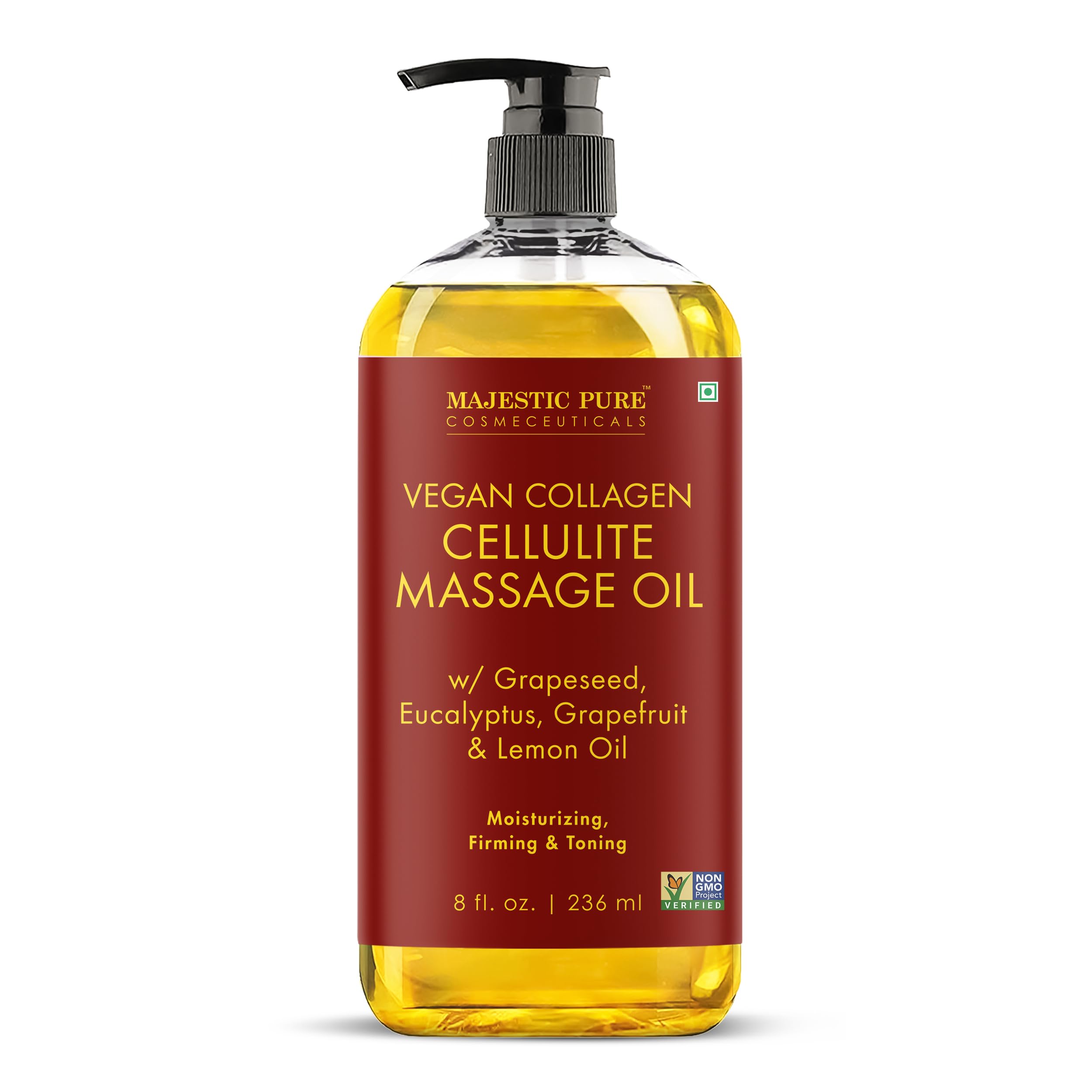 Majestic Pure Firming Body Oil bottle close-up showing smooth skin potential