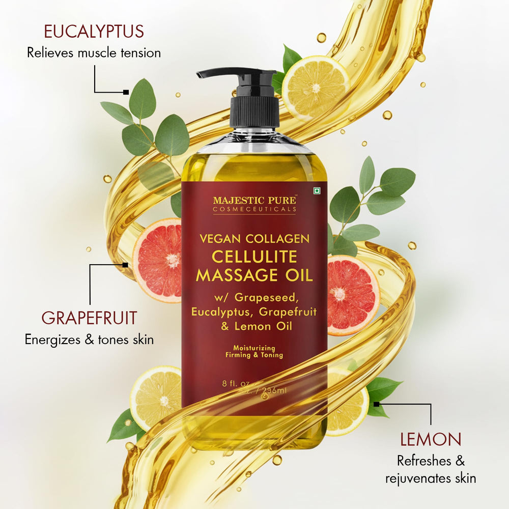 Majestic Pure Firming Body Oil pour shot highlighting quick hydration