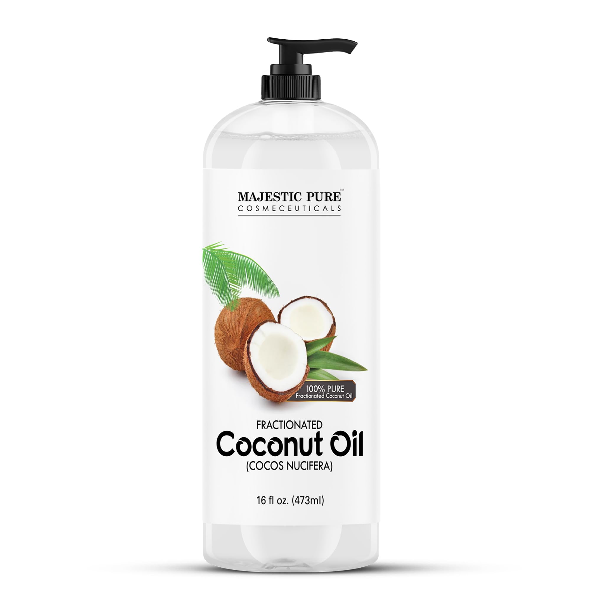 Majestic Pure fractionated coconut oil bottle pour for easy skin moisturizing
