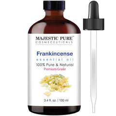 Majestic Pure Frankincense Oil in amber bottle closeup for calming aromatherapy