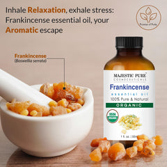 Majestic Pure Frankincense oil in an amber glass bottle protects potency from light.