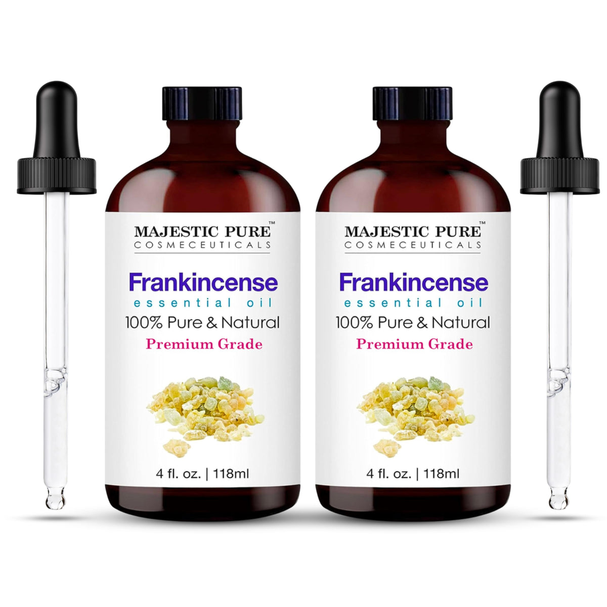 Majestic Pure Frankincense oil in glass dropper bottle for precise use in diffusers.