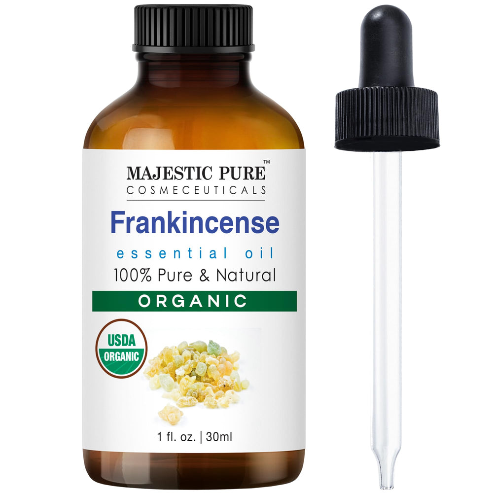Majestic Pure Frankincense oil in an amber bottle with dropper for precise aromatherapy diffusion.