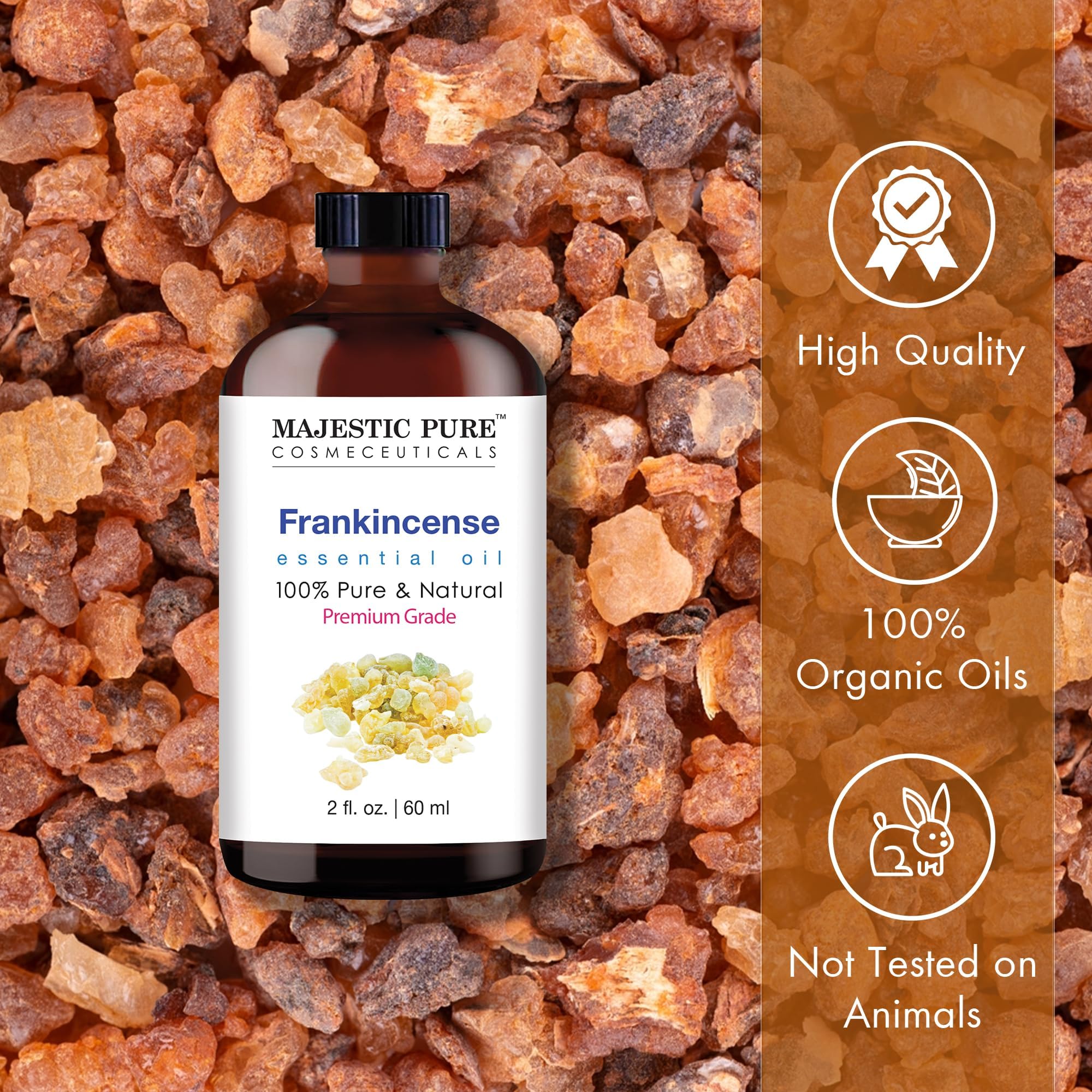 Majestic Pure Frankincense oil with glass dropper for precise dosing.
