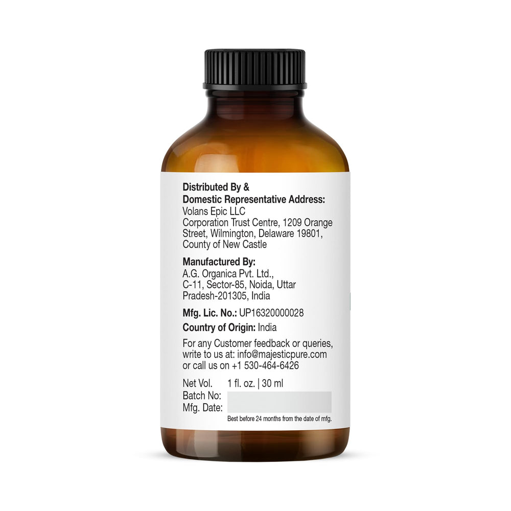 Majestic Pure label close-up showing organic frankincense details and safety.