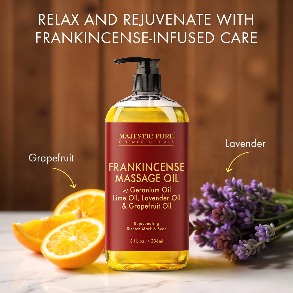 Majestic Pure Frankincense Scar-Stretch Oil lavender blend promotes relaxation.