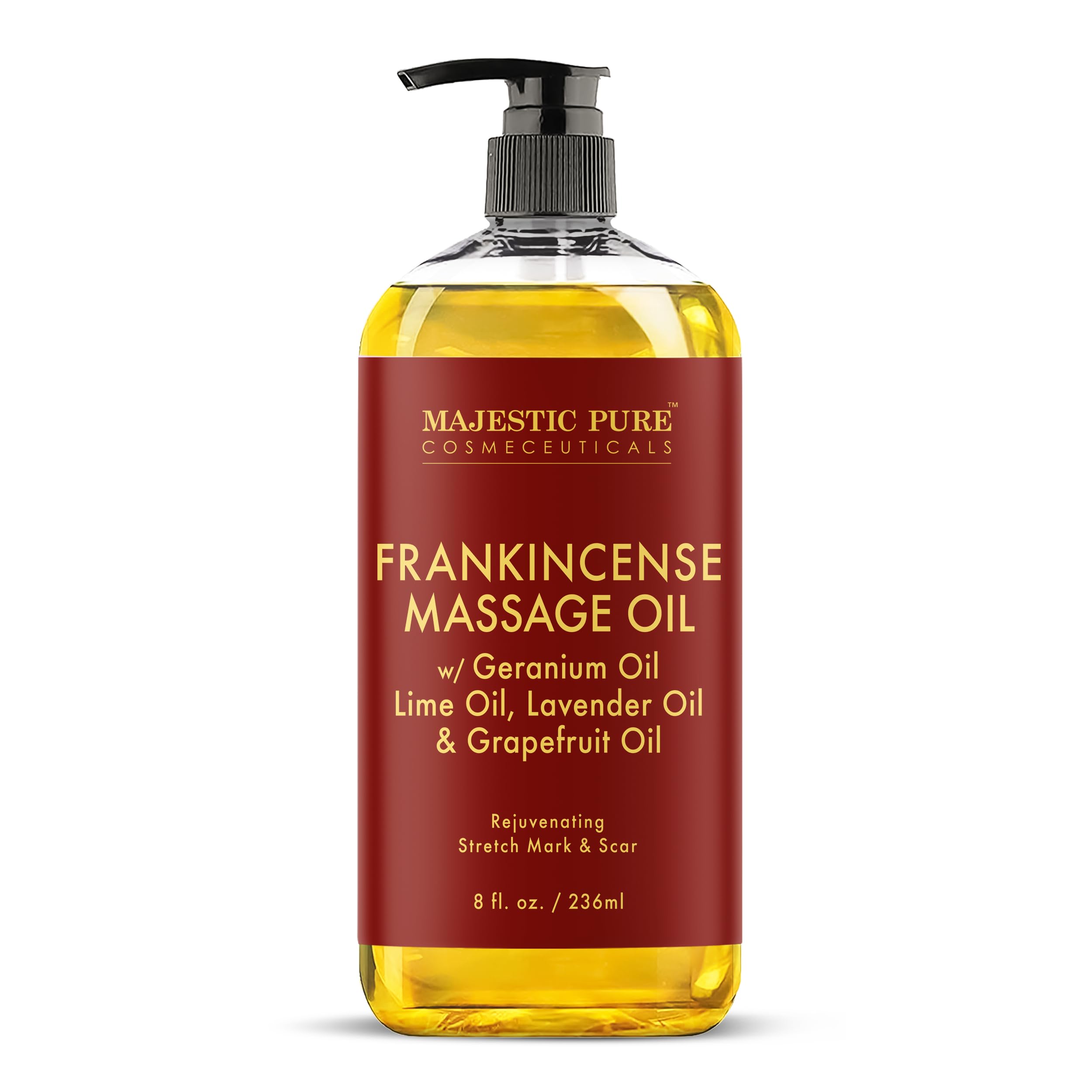Majestic Pure Frankincense Scar-Stretch Oil bottle for nourishing all skin types.