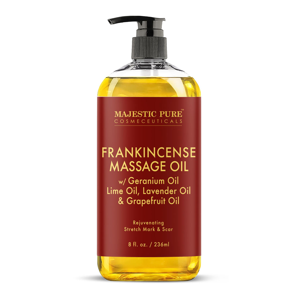 Majestic Pure Frankincense Scar-Stretch Oil bottle for nourishing all skin types.