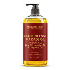 Majestic Pure Frankincense Scar-Stretch Oil bottle for nourishing all skin types.