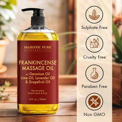 Majestic Pure Frankincense Scar-Stretch Oil texture closeup shows light massage option.