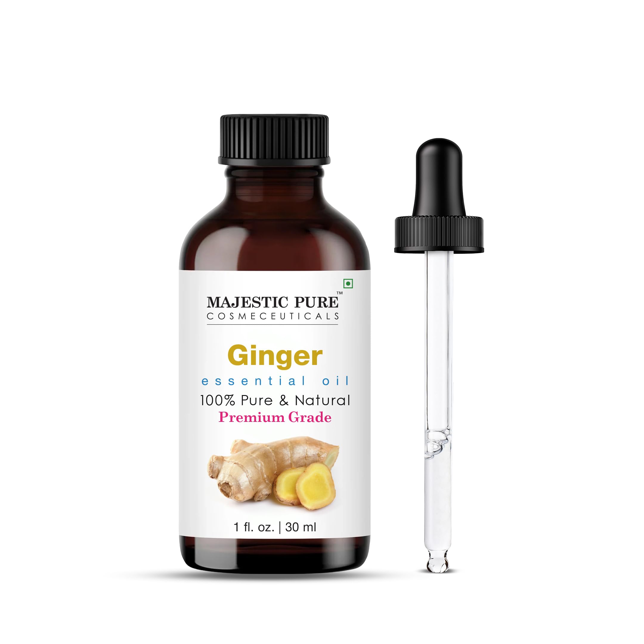 Majestic Pure Ginger Oil bottle with glass dropper for precise aromatherapy use.