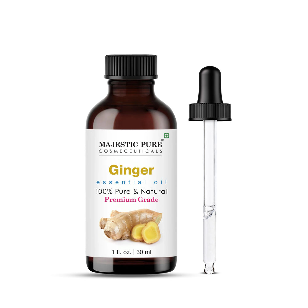 Majestic Pure Ginger Oil bottle with glass dropper for precise aromatherapy use.