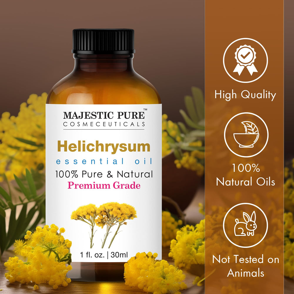Majestic Pure Helichrysum, aplicación suave en piel, prueba cosmética segura.