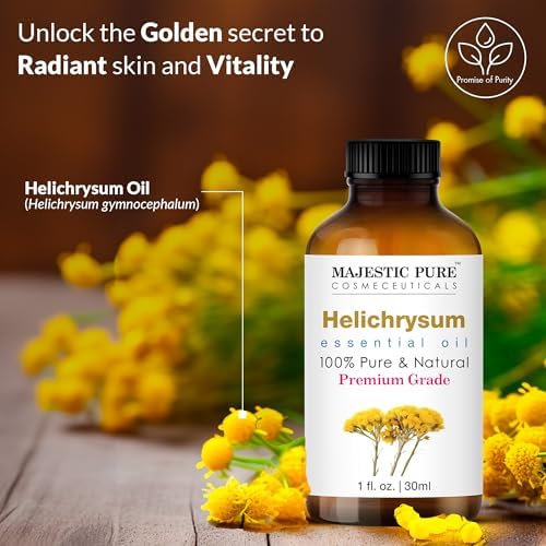 Majestic Pure Helichrysum, etiqueta clara que transmite pureza y calidad.