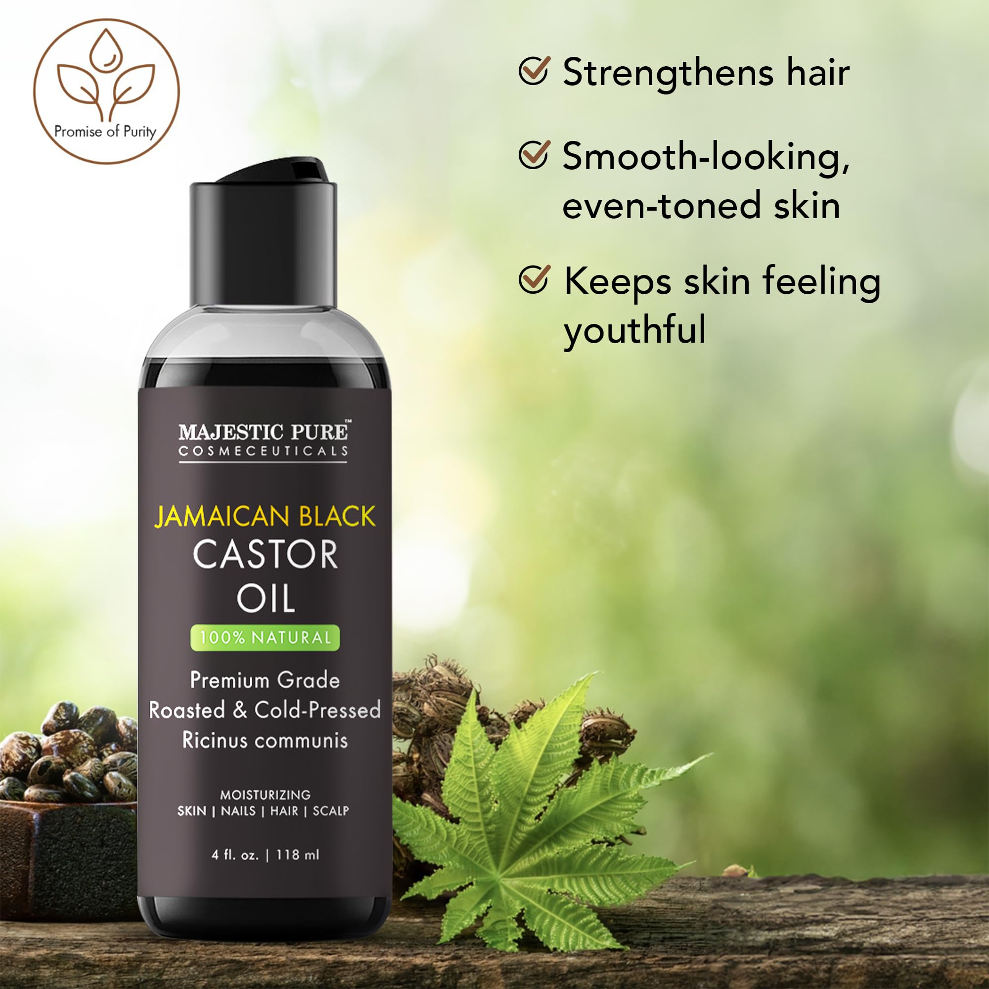 Majestic Pure Jamaican Black Castor Oil application shows nourishing hair treatment.