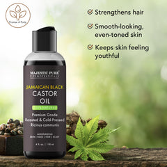 Majestic Pure Jamaican Black Castor Oil application shows nourishing hair treatment.