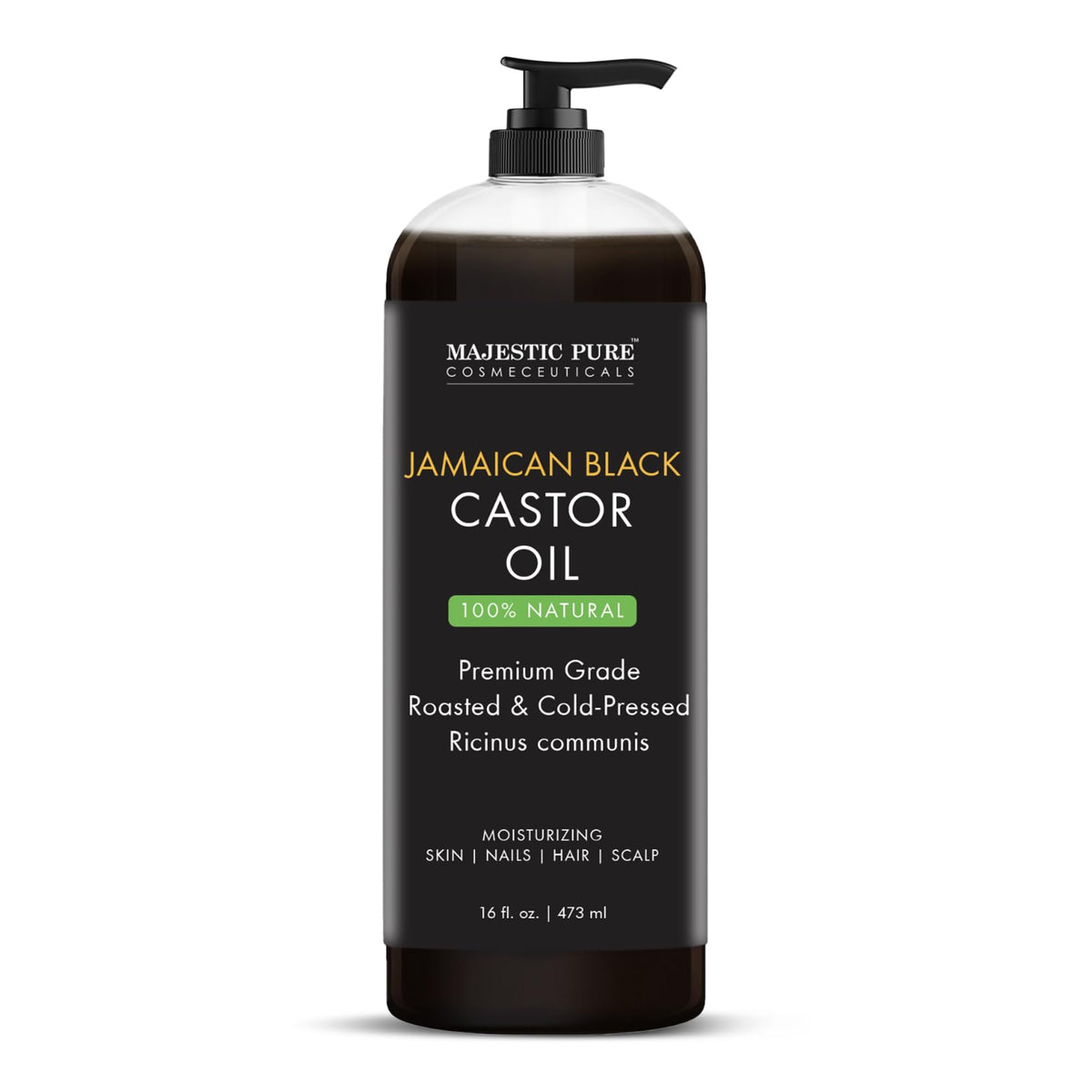 Majestic Pure Jamaican Black Castor Oil bottle for hair and skin nourishment.