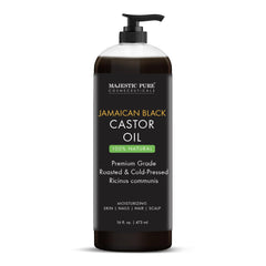 Majestic Pure Jamaican Black Castor Oil bottle for hair and skin nourishment.