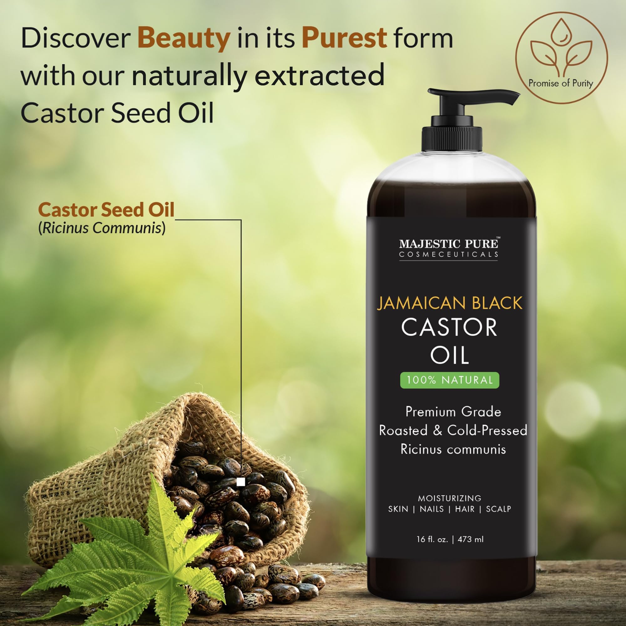 Close-up of Majestic Pure label highlighting cold-pressed formula.