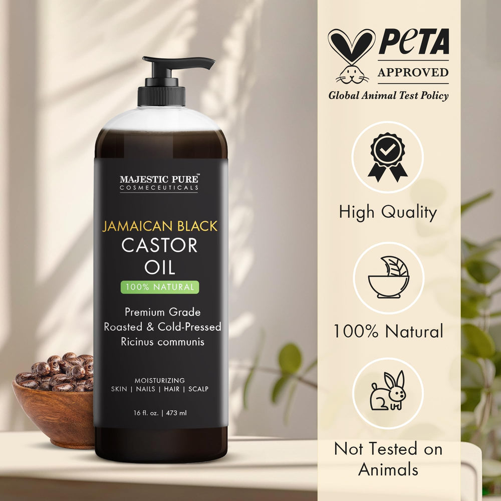 Majestic Pure oil being poured for scalp hydration and easy application.