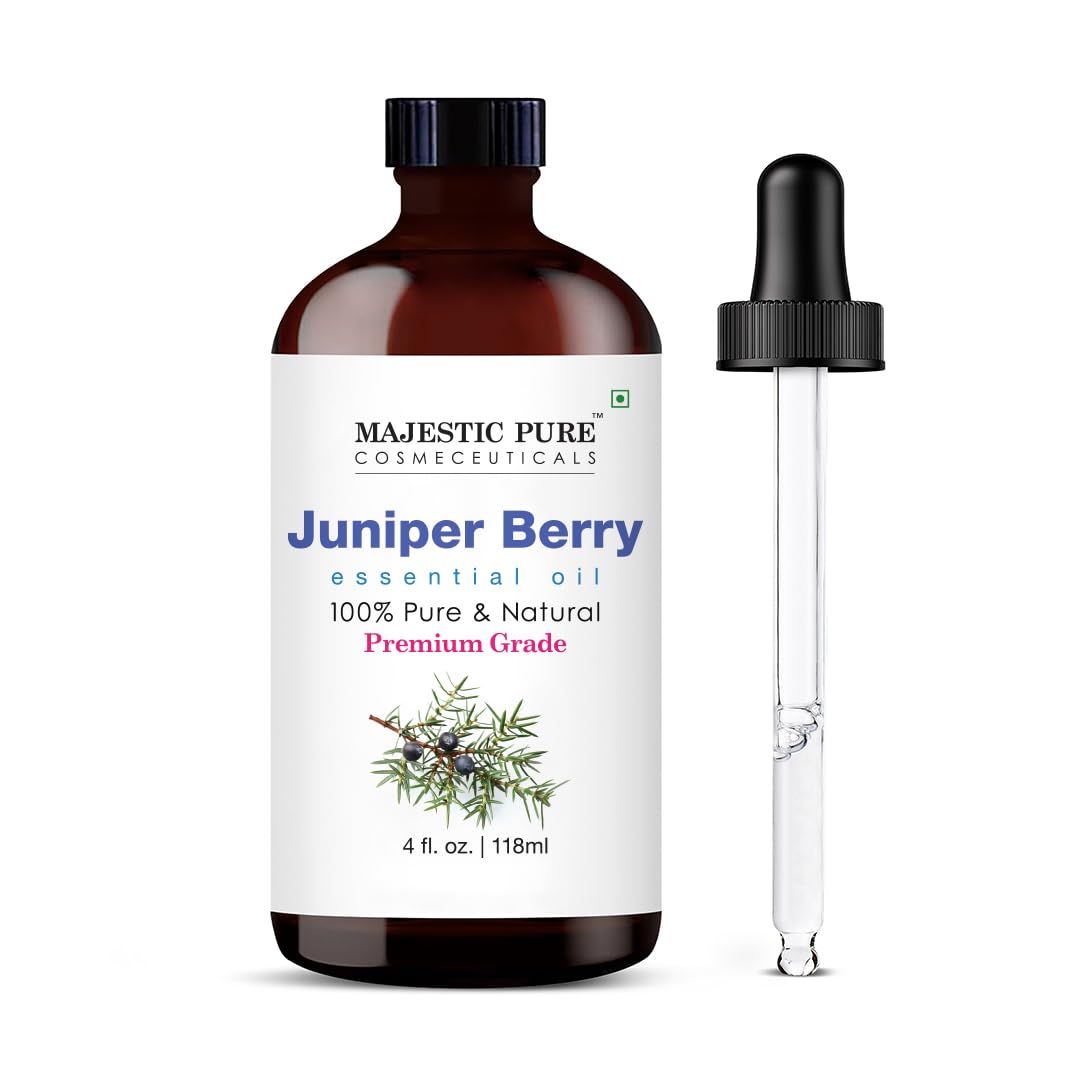 Majestic Pure juniper oil bottle in amber glass, ideal for diffuser use and storage.