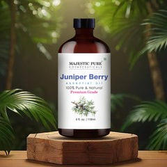 Close-up of Majestic Pure juniper oil dropper for precise, waste-free dispensing.