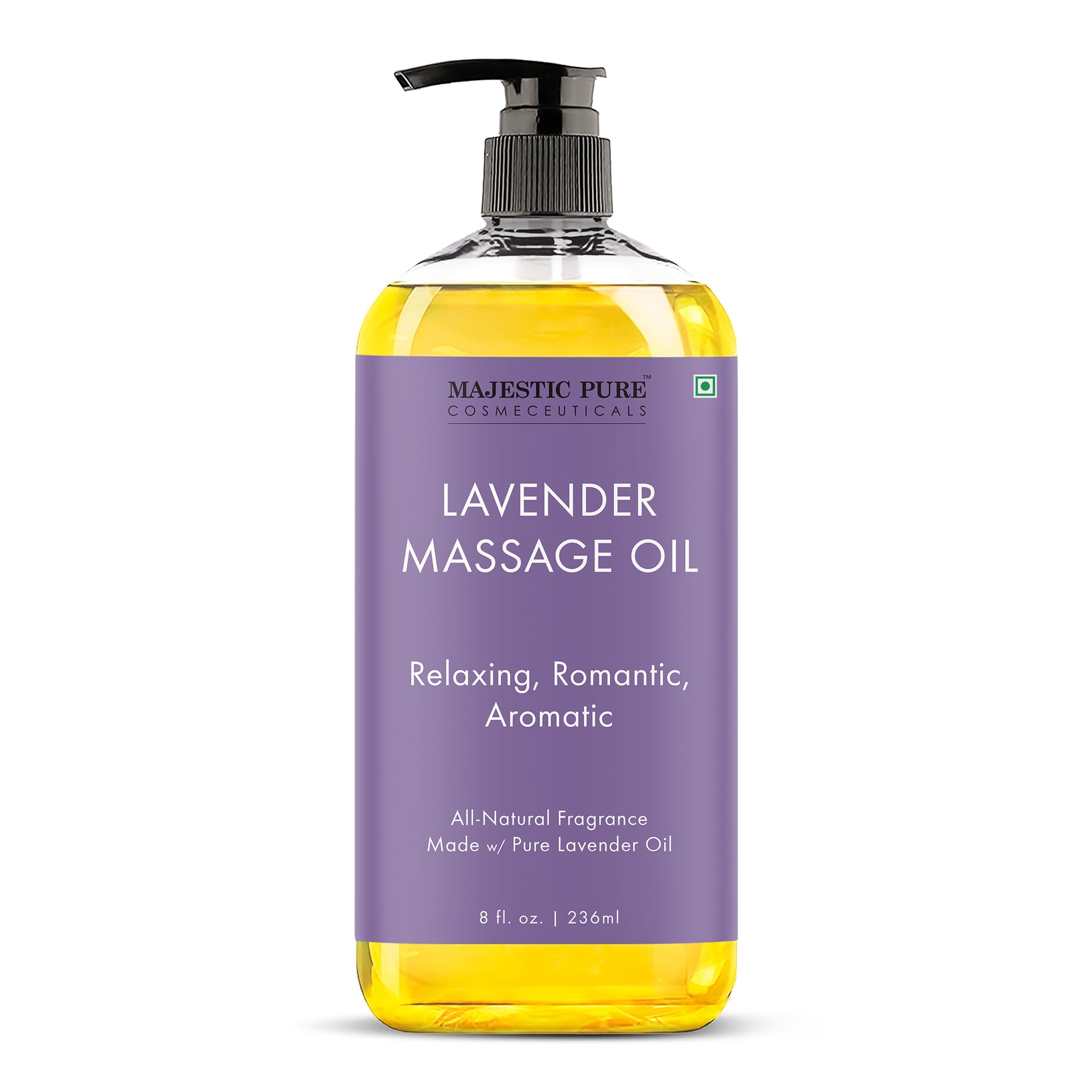 Majestic Pure Lavender Massage Oil bottle with calming aroma for home use