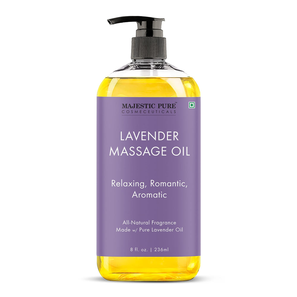 Majestic Pure Lavender Massage Oil bottle with calming aroma for home use