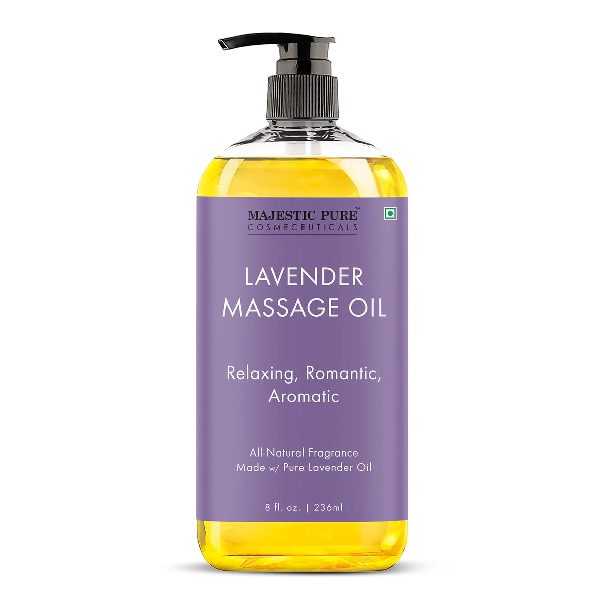 Majestic Pure Lavender Massage Oil bottle with calming aroma for home use