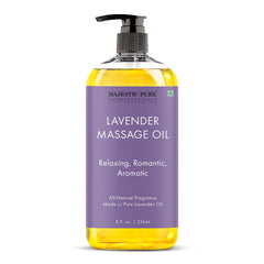 Majestic Pure Lavender Massage Oil bottle with calming aroma for home use