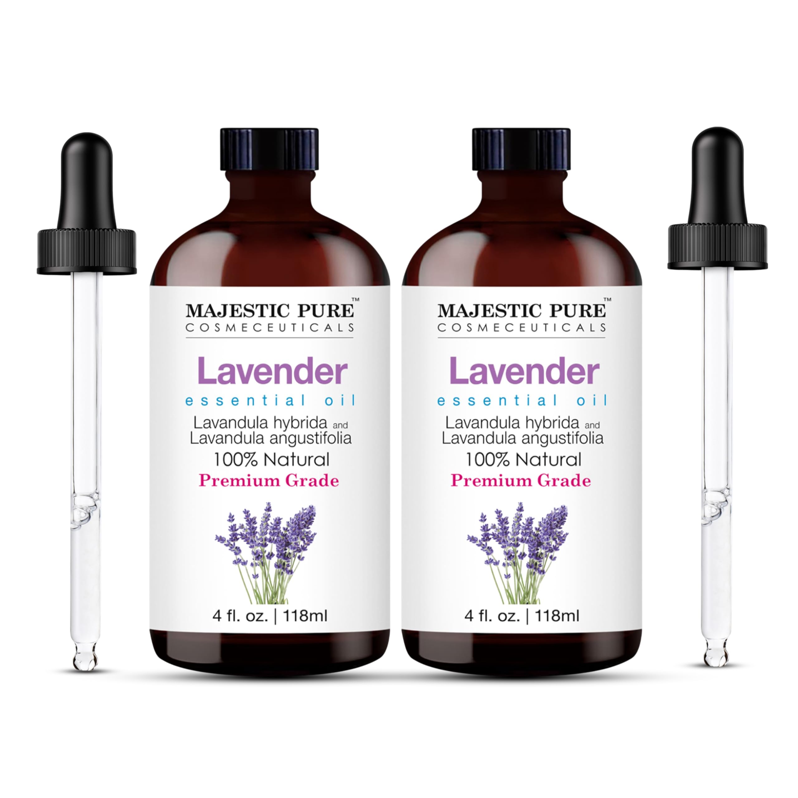 Majestic Pure lavender oil bottle in amber glass preserves purity and aroma.