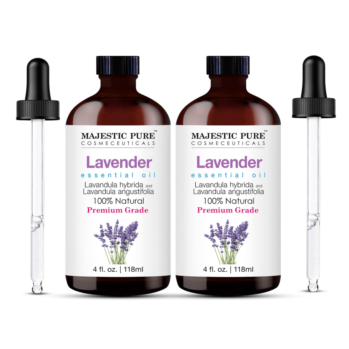 Majestic Pure lavender oil bottle in amber glass preserves purity and aroma.