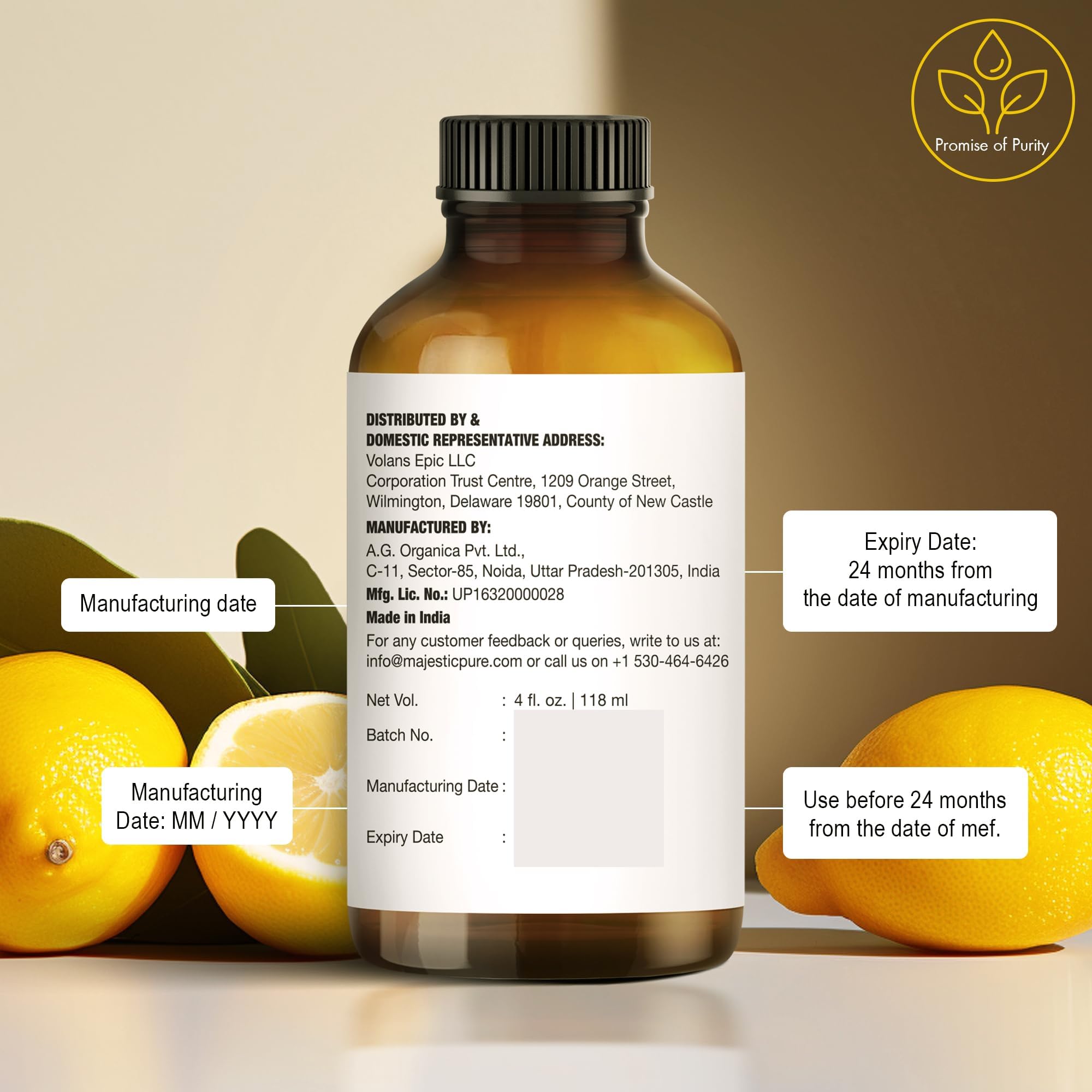 Majestic Pure Lemon Oil amber bottle protects from light and preserves freshness