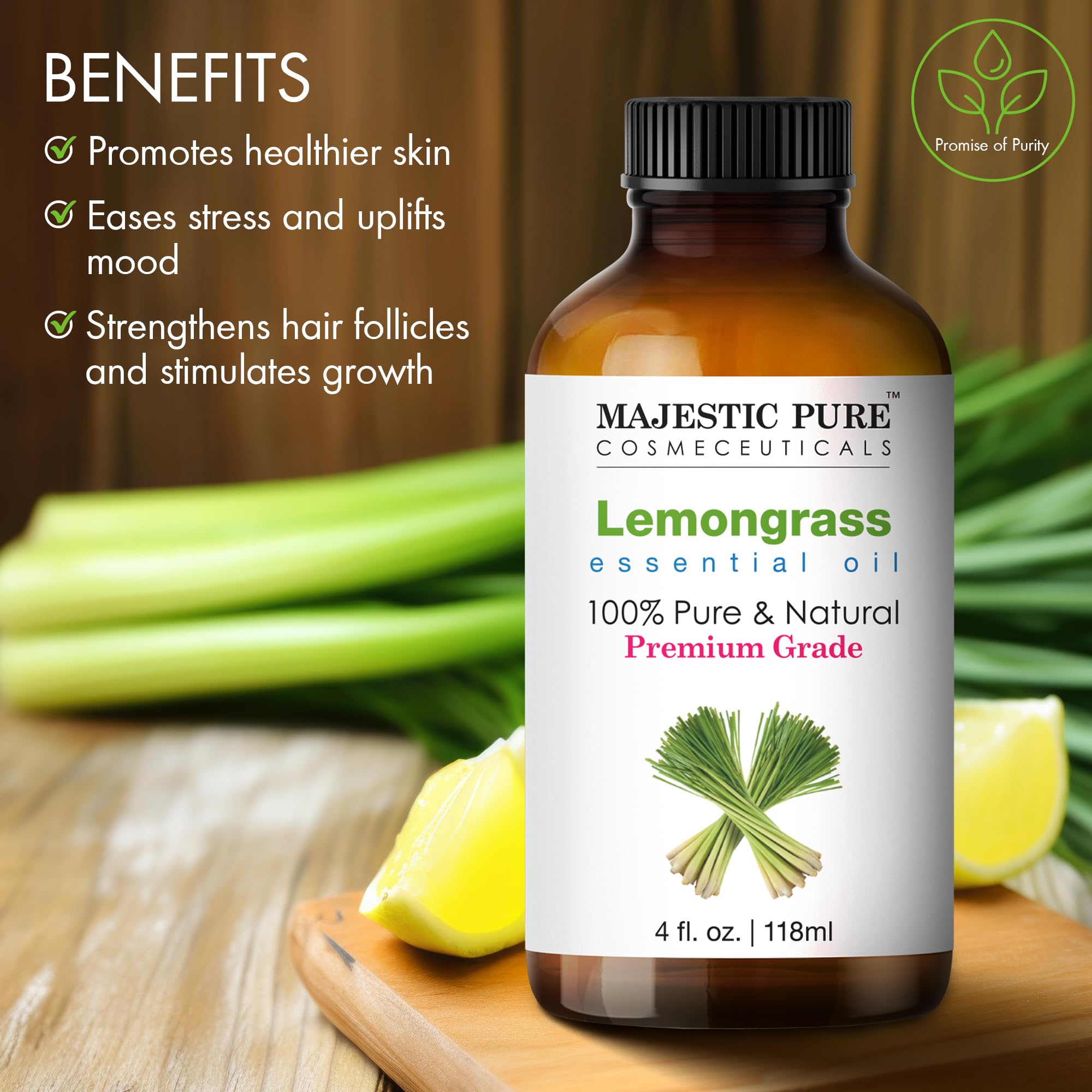 Majestic Pure lemongrass oil keeps ingredients undiluted and pure.