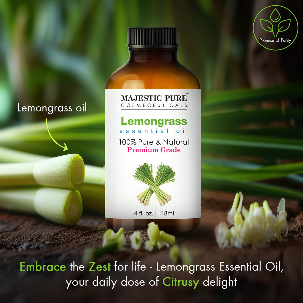 Majestic Pure lemongrass oil bottle shown with slow, controlled pour.