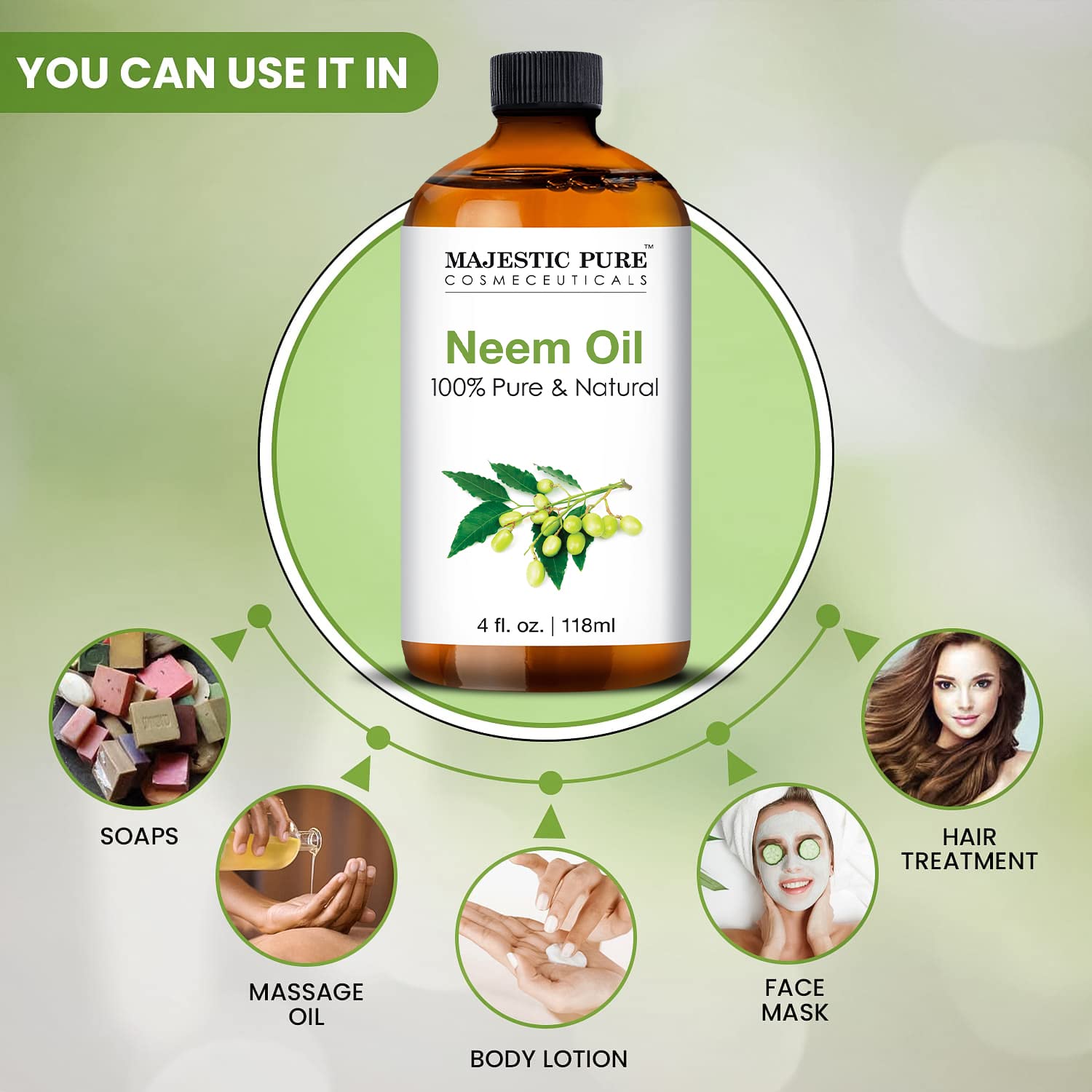 Majestic Pure Neem Oil glass dropper emphasizes precise dispensing for DIY blends.