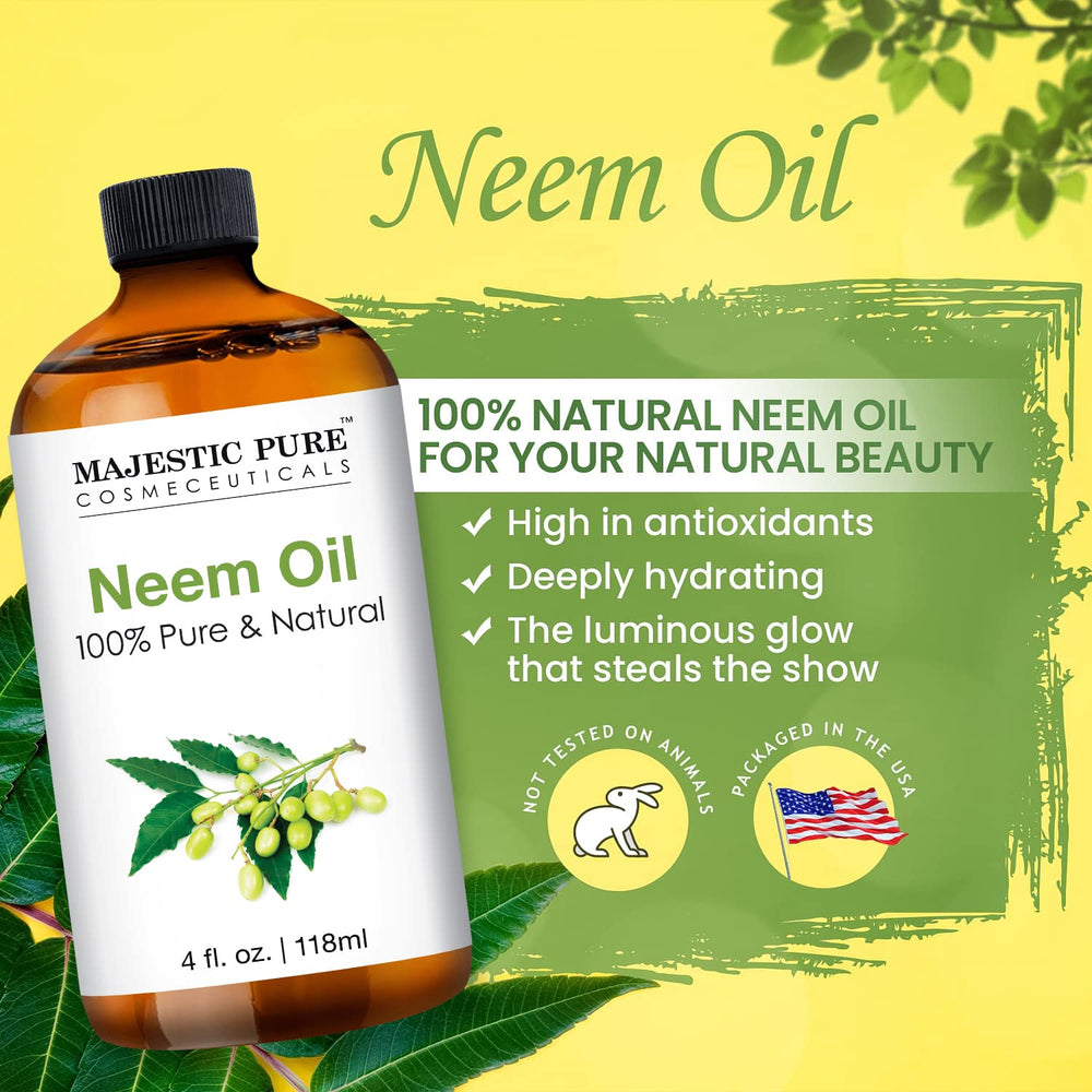 Majestic Pure Neem Oil label detail highlights quality and natural sourcing.