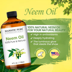 Majestic Pure Neem Oil label detail highlights quality and natural sourcing.