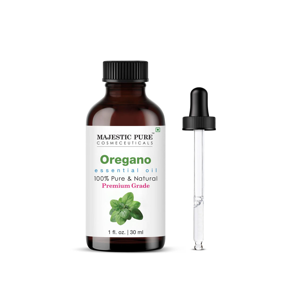 Majestic Pure Oregano oil in amber bottle with dropper for precise diffusion.