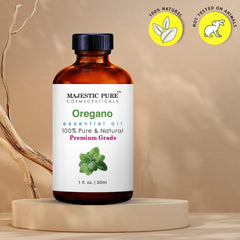 Majestic Pure Oregano oil in amber glass protects aroma from sunlight.