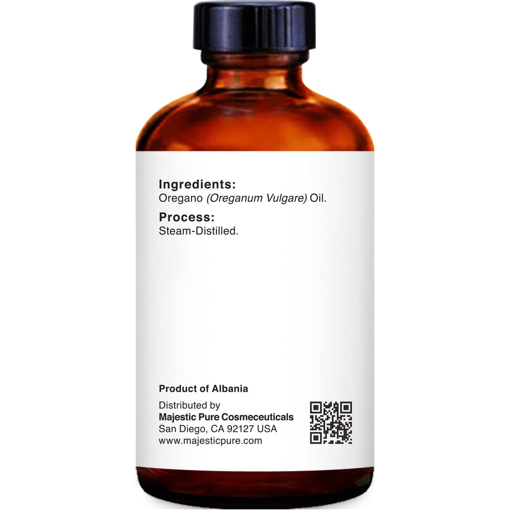 Majestic Pure Oregano oil with glass dropper enables controlled dosing.
