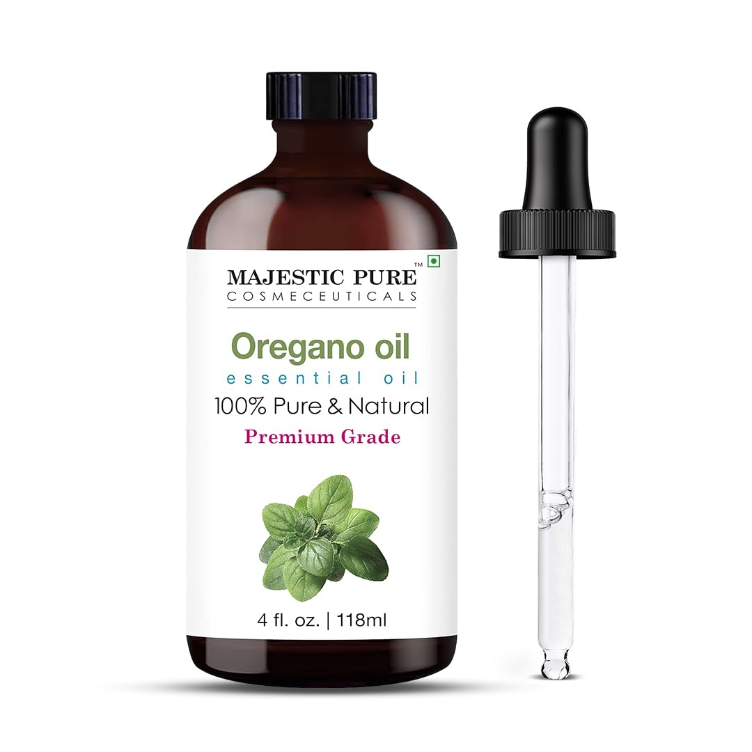 Majestic Pure oregano oil in a glass bottle with a dropper for precise dosing and purity.